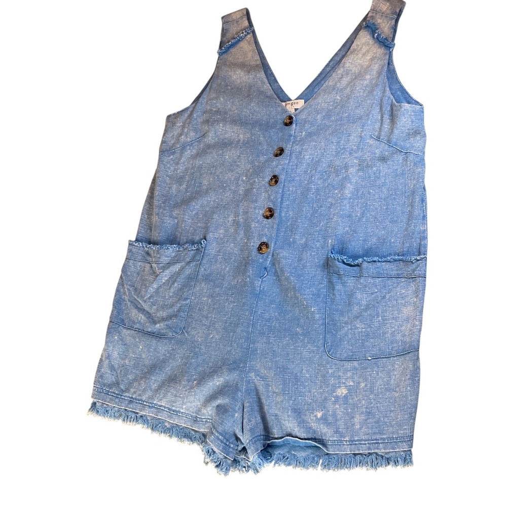 Umgee USA Blue Fringe Romper Women's L V-Neck Button‎ Front Pockets Casual